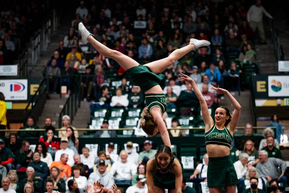 A few cheerleaders in green and gold perform stunts.