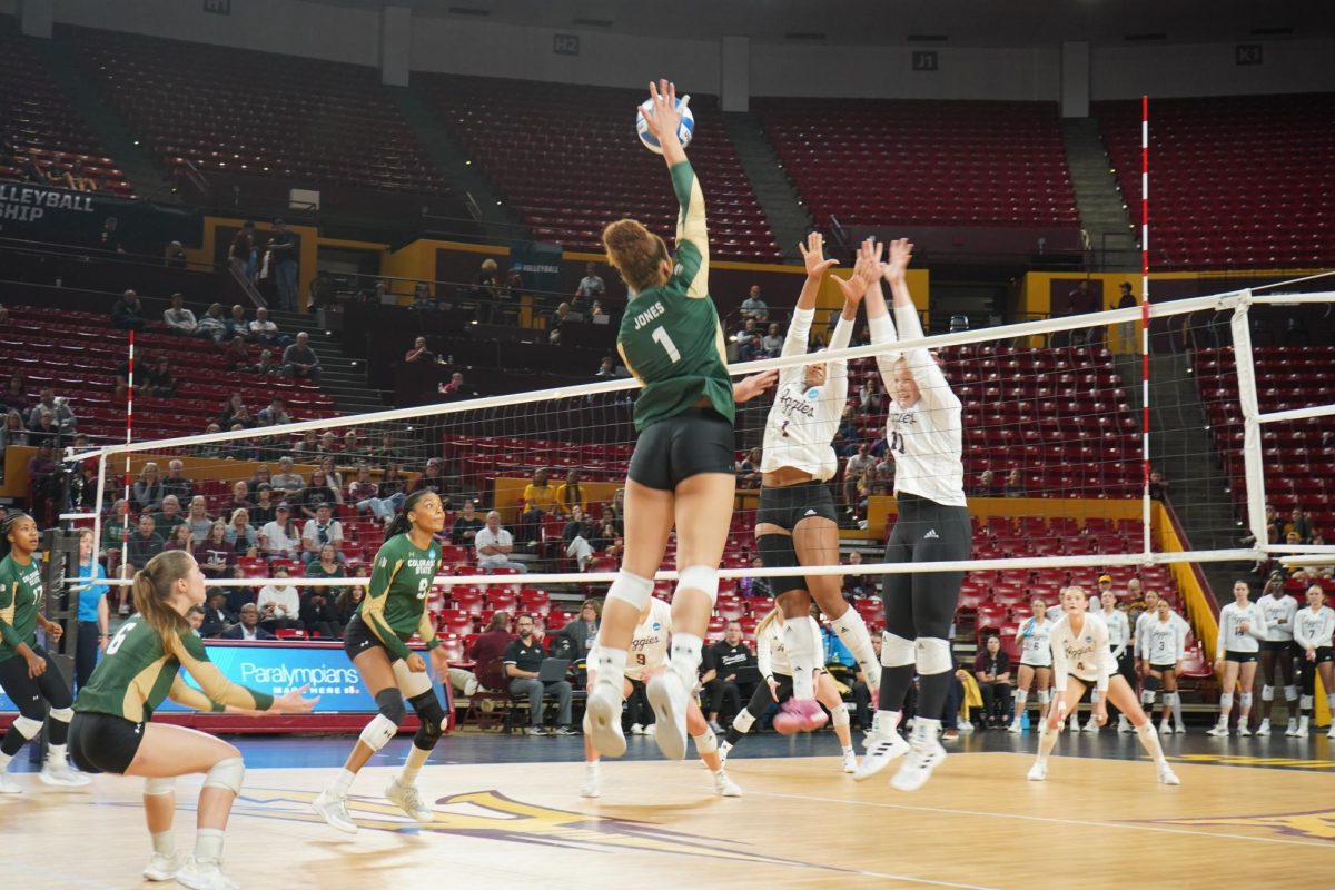 Malaya Jones (1) spiking the ball in game against Texas A&M Dec 6. Colorado State volleyball lost 1-3 in first round of NCAA tournament.