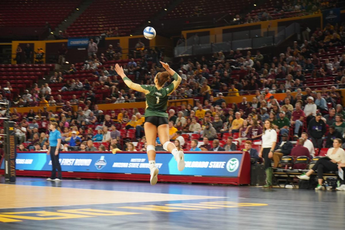 Malaya Jones (1) serving the ball in game against Texas A&M Dec 6. Colorado State volleyball lost 1-3 in first round of NCAA tournament.