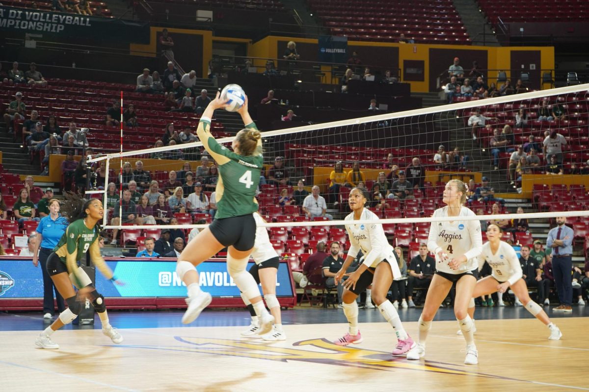 Emery Herman (4) setting the ball in game against Texas A&M Dec 6. Colorado State volleyball lost 1-3 in first round of NCAA tournament.