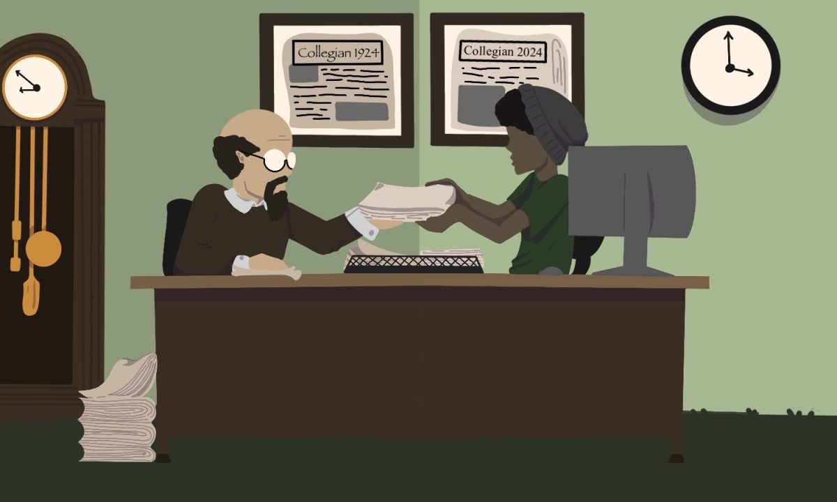 Illustration of a woman delivering a pile of papers to a man at his desk.