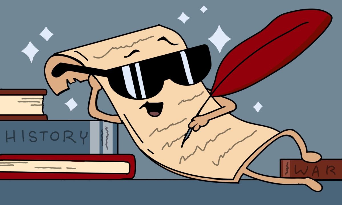 Illustration of a historical document wearing sunglasses, leaning on a pile of books.