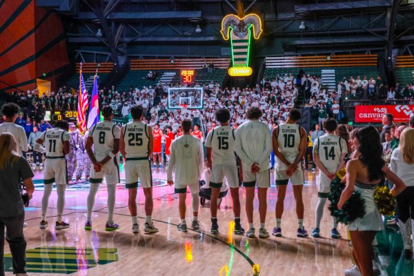 The Colorado State University men's basketball team stands for the national anthem Jan. 22. The Rams beat Boise State 75-72.