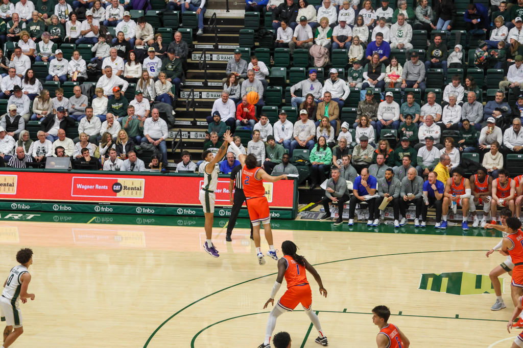 Nique Clifford (10) shoots a 3-pointer during Colorado State University’s men’s basketball game against Boise State Jan. 22. CSU won 75-72.