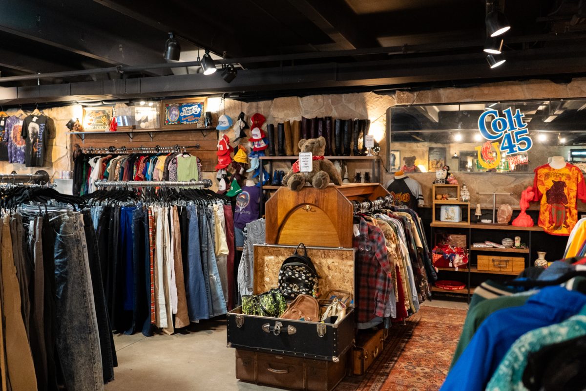 The interior of a clothing store with racks of vintage clothing everywhere