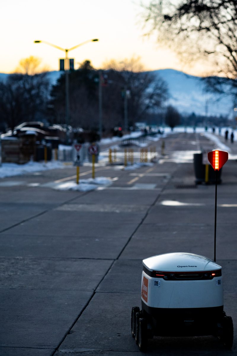 A Starship food delivery robot drives down a campus walking path on its way to deliver food Jan. 27.