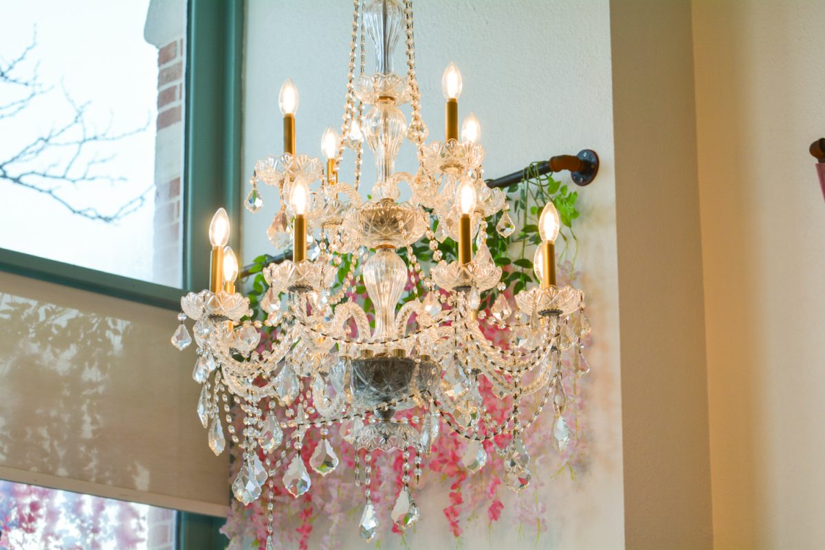A chandelier from the newly opened tea shop The Duchess hanging in their French-inspired tea room Jan. 26. This chandelier truly brings together the aesthetic of the shop.