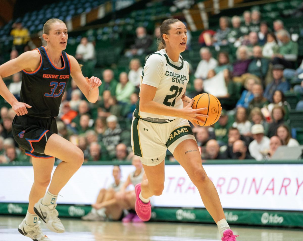 Emma Ronsiek dribbles the ball away from a defender to score during Colorado State University women's basketball's game against Boise State Jan. 21. CSU won 79-70. 