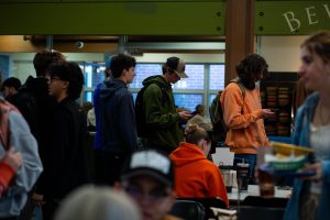 A crowd of students wait at the RAMwich lunch station at Braiden Hall Dec. 5, 2024. RAMwich is one of the lunch station options at Braiden Dining Center, which is open Sunday-Friday.
