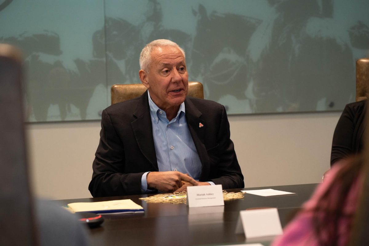 Former Representative Ken Buck visits with students and faculty on Jan. 30. Buck spoke with students about future job prospects, careers and plans in the Animal Science Building. 