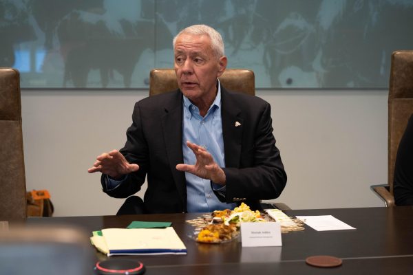 Former Colorado Rep. Ken Buck visits with Colorado State University students and faculty Jan. 30. Buck spoke with students about future job prospects, careers and plans in the Animal Science Building. 