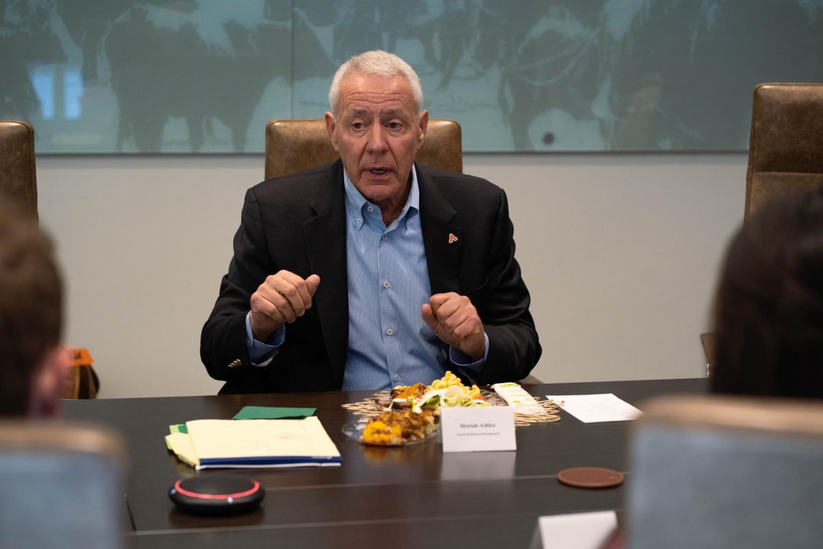 Former Representative Ken Buck visits with students and faculty on Jan. 30. Buck spoke with students about future job prospects, careers and plans in the Animal Science Building. 