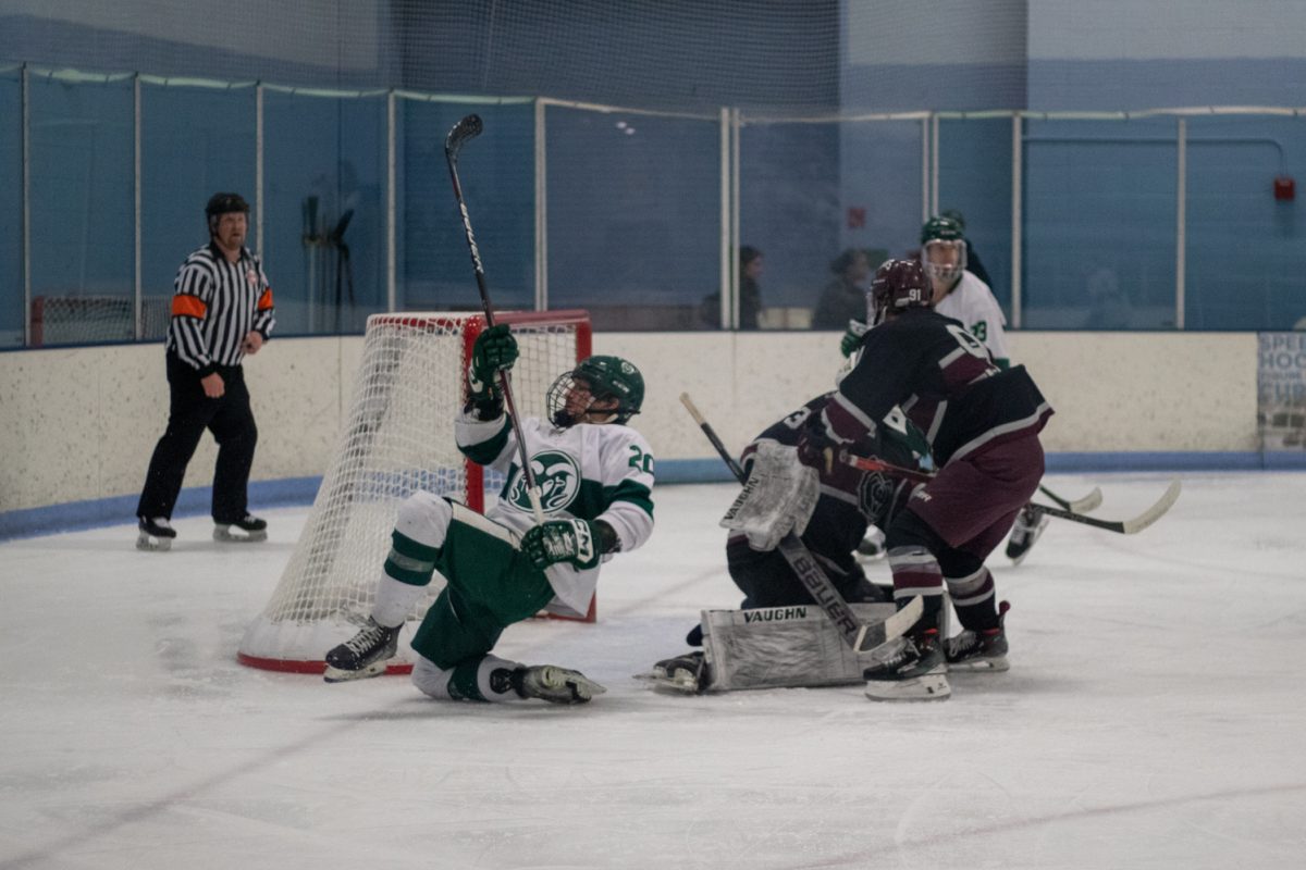 Robert Grasso (20) slides past the goal after missing his shot during the match versus Missouri State Jan 31. The Rams lost to the Bears 5-4.