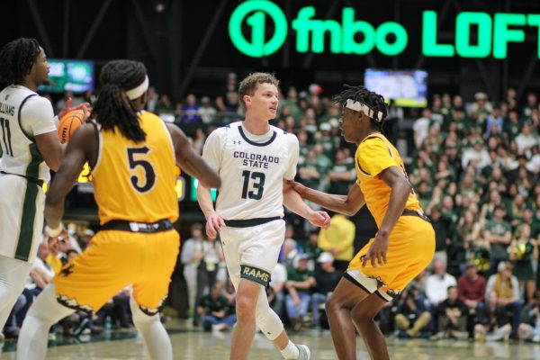 Bowen Born dribbles down the court during Colorado State University's men's basketball game against the University of Wyoming Feb. 15.