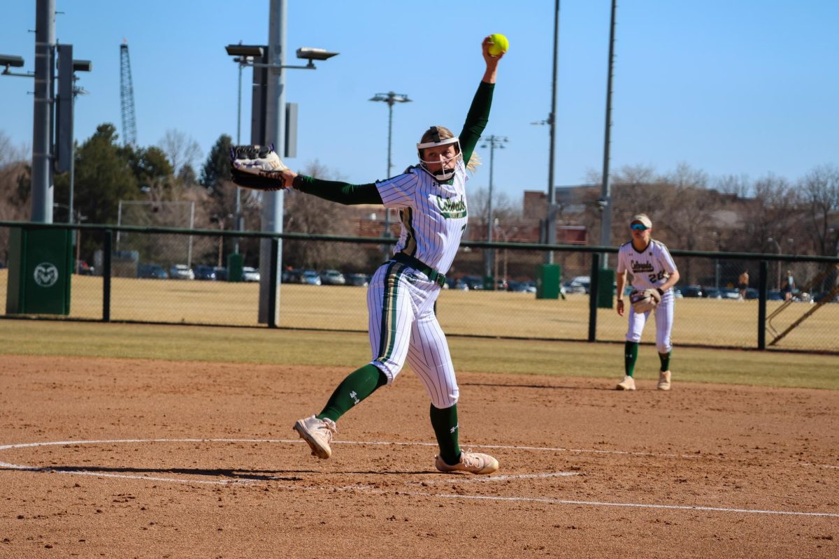 Morgan Crosby (3) pitches the ball during Colorado State University's doubleheader against Texas A&M-Corpus Christi Feb. 28. The Islanders won the first game 1-0.