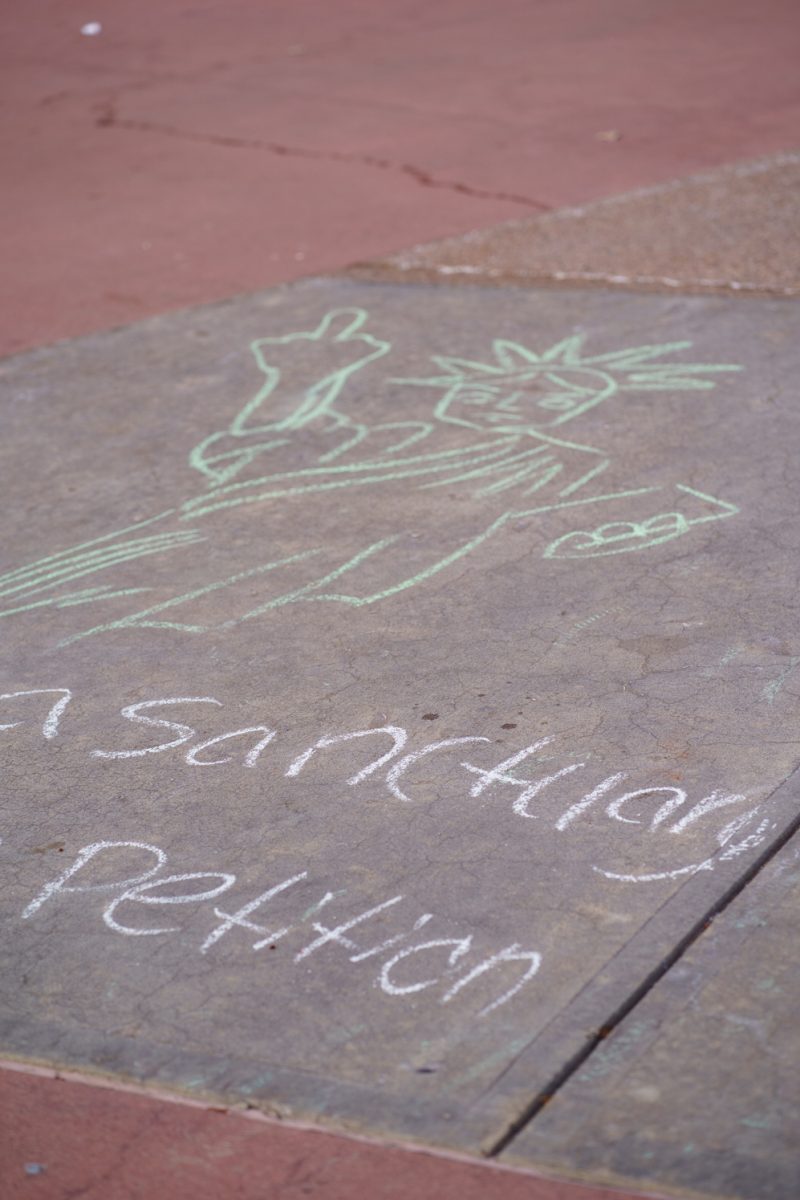 Chalk is written across the Lory Student Center Plaza to let students know about a Young Democratic Socialists of America petition to make Colorado State University a sanctuary campus Feb. 4.