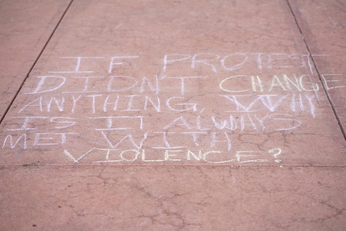 Chalk writing on the Lory Student Center Plaza Feb. 4.