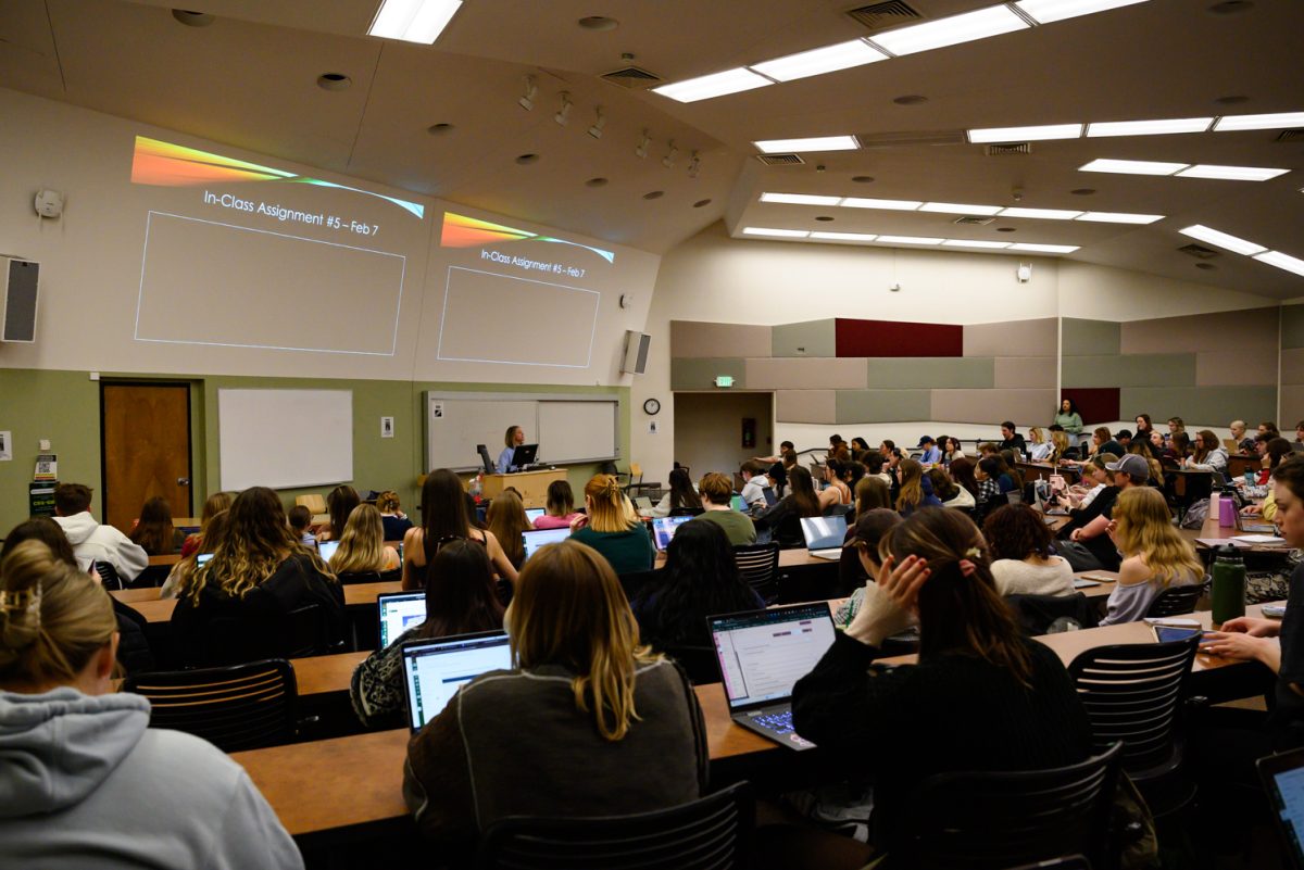 A lecture hall full of students looks to the front of the room to get the daily assignment for Psychology of Human Sexuality from Professor Sara Garvey Feb. 7. This class is held in Pathology 101 on Mondays, Wednesdays and Fridays, and discusses the psychological and cultural influences on gender presentation and sexuality.