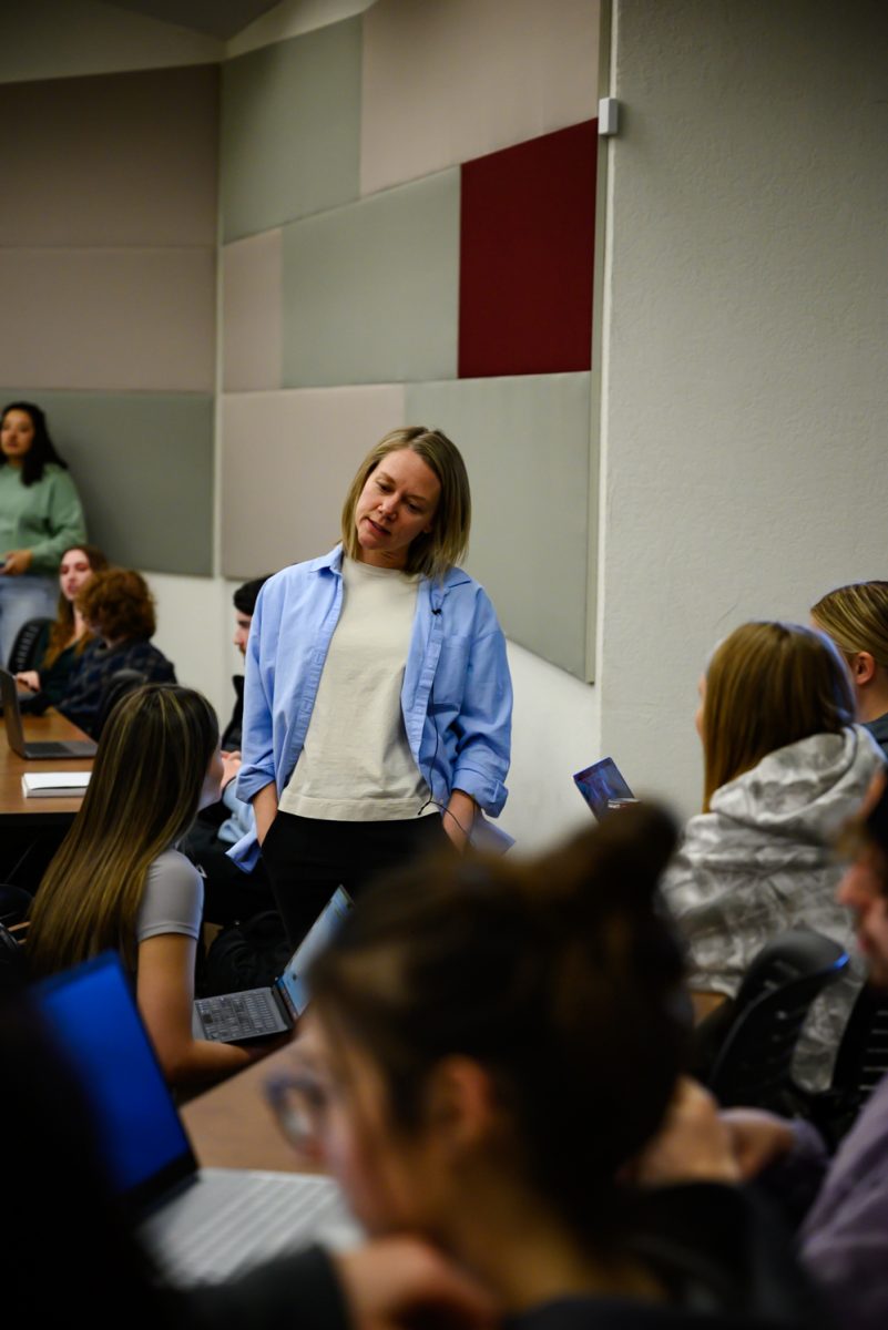 Professor Sara Garvey discusses lecture material with her students during her Psychology of Human Sexuality class Feb. 7. The main topic of this lecture was the impact of culture on sexual anatomy, incuding grooming habits, male circumcision and female genital mutilation.