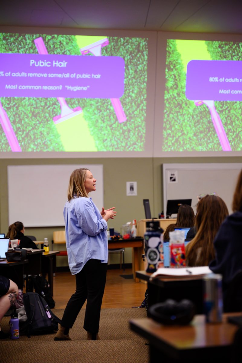 Professor Sara Garvey lectures during her Psychology of Human Sexuality class in Pathology 101 Feb. 7. The main topic of this lecture was the impact of culture on sexual anatomy, incuding grooming habits, male circumcision and female genital mutilation.