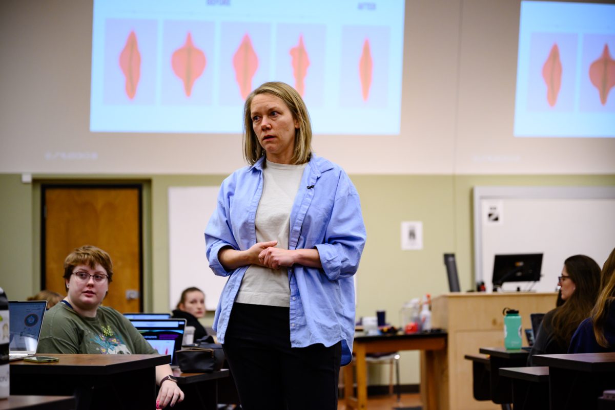 Professor Sara Garvey listens to a student's thoughts during her Psychology of Human Sexuality class Feb. 7. The main topic of this lecture was the impact of culture on sexual anatomy, incuding grooming habits, male circumcision and female genital mutilation.