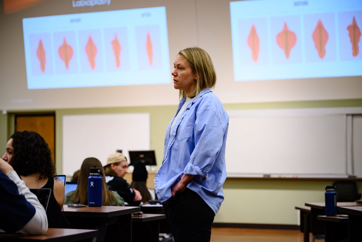 Professor Sara Garvey listens to a student's thoughts during her Psychology of Human Sexuality class Feb. 7. The main topic of this lecture was the impact of culture on sexual anatomy, incuding grooming habits, male circumcision and female genital mutilation.