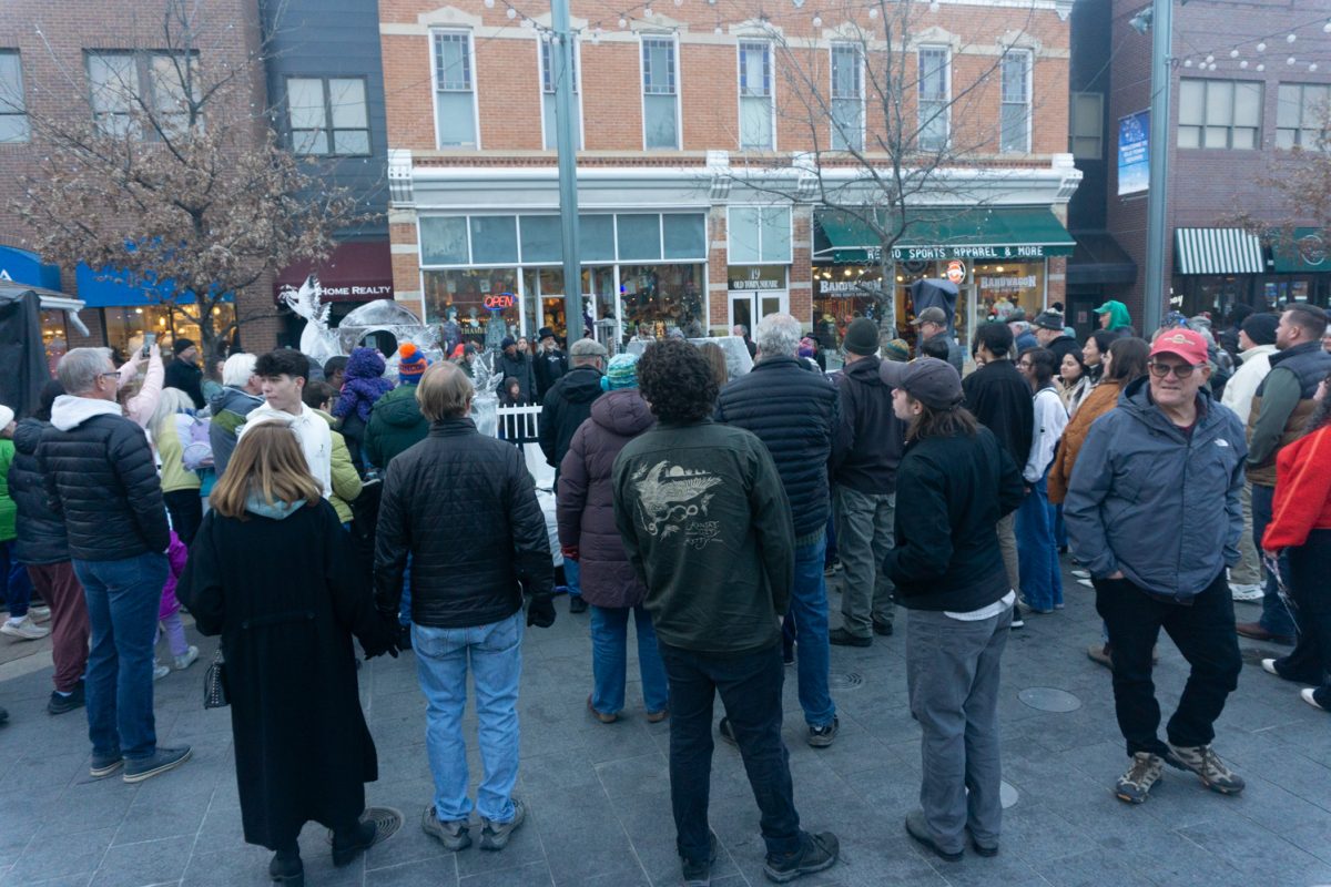 A group of people gather to watch ice sculpting.