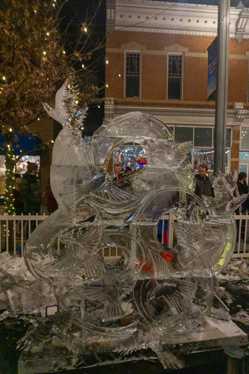 An ice sculpture sits on display