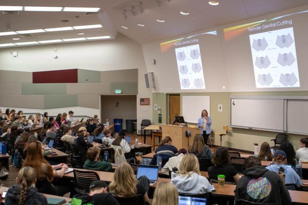 Dr. Sara Garvey speaks to her class Psychology of Human Sexuality where she talks about female gential mutilation and the difference between that and male circumcision. "femal genital mutilation has no known health benefits, whereas male circuimcision is done for religious purposes, and social customs as 80-90% of the US male population is circumsized.." Feb. 7.