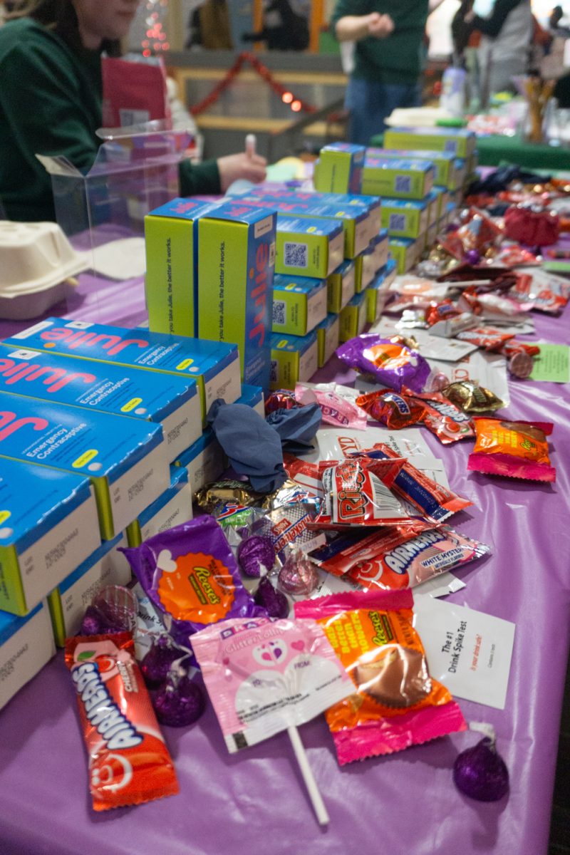 Emergency contraceptives and candy sit on a table.
