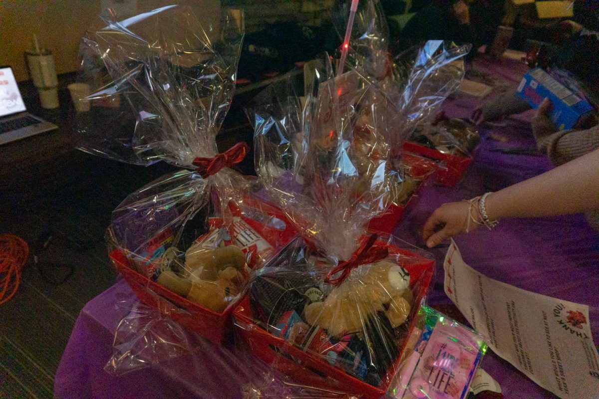 Gift baskets sit on a table.