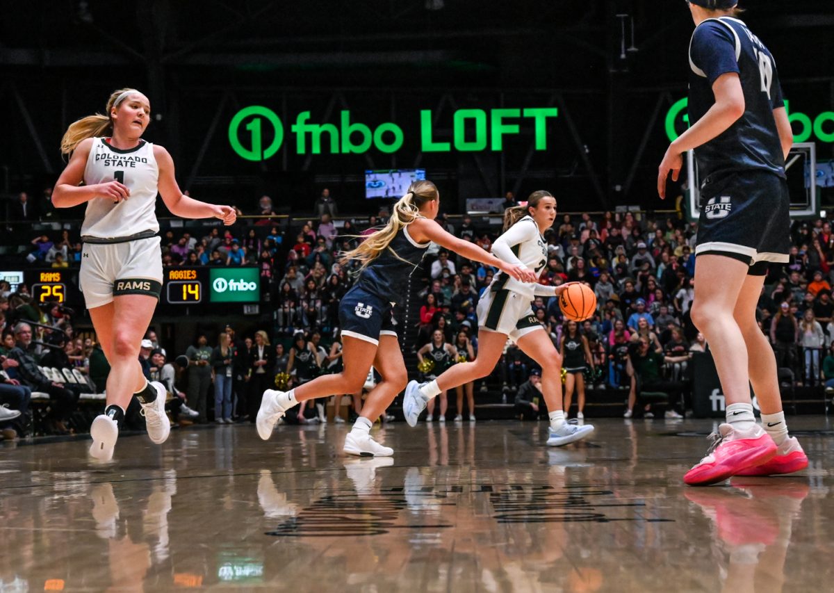 Brooke Carlson dribbles the ball down the court in the second half of the Colorado State University vs. Utah State basketball game Feb. 12. CSU won 72-54.