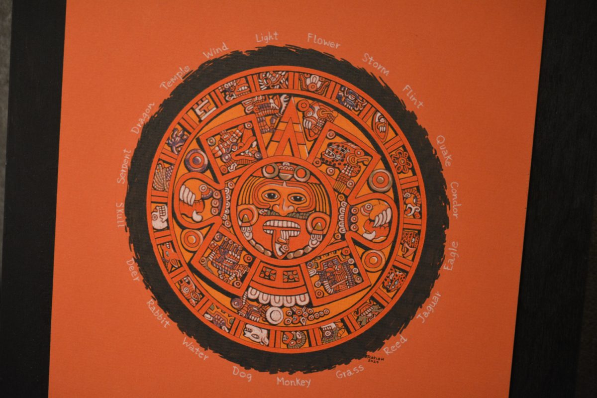 An Aztec calendar on an orange background.