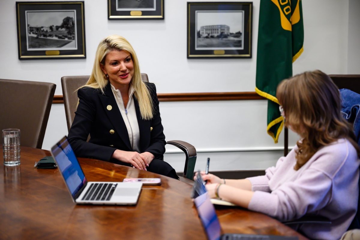 Colorado State University president Amy Parsons talks to Collegian News Editor Aubree Miller in the Administration Building Feb. 17.