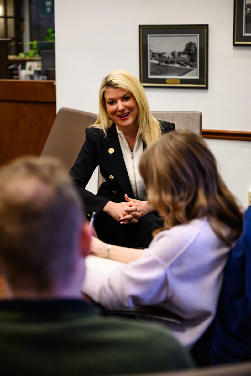 Colorado State University president Amy Parsons talks to Collegian News Editors Aubree Miller and Sam Hutton in the Administration Building Feb. 17.