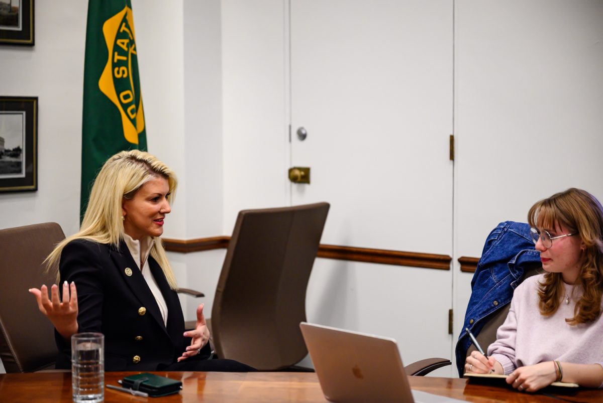 Colorado State University president Amy Parsons talks to Collegian News Editors Aubree Miller and Sam Hutton in the Administration Building Feb. 17.