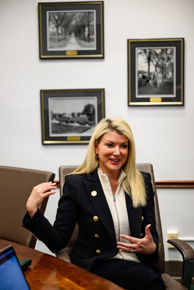 Colorado State University president Amy Parsons answers student media questions in the Administration Building Feb. 17.