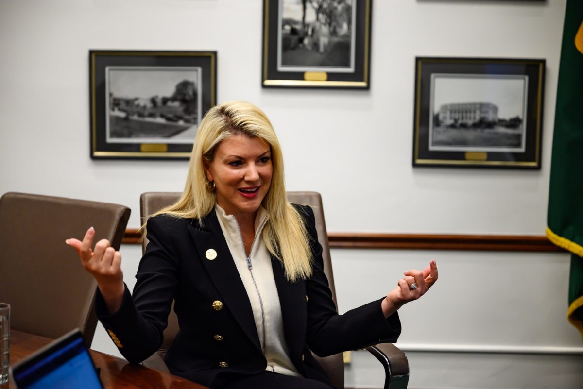 Colorado State University president Amy Parsons answers student media questions in the Administration Building Feb. 17.