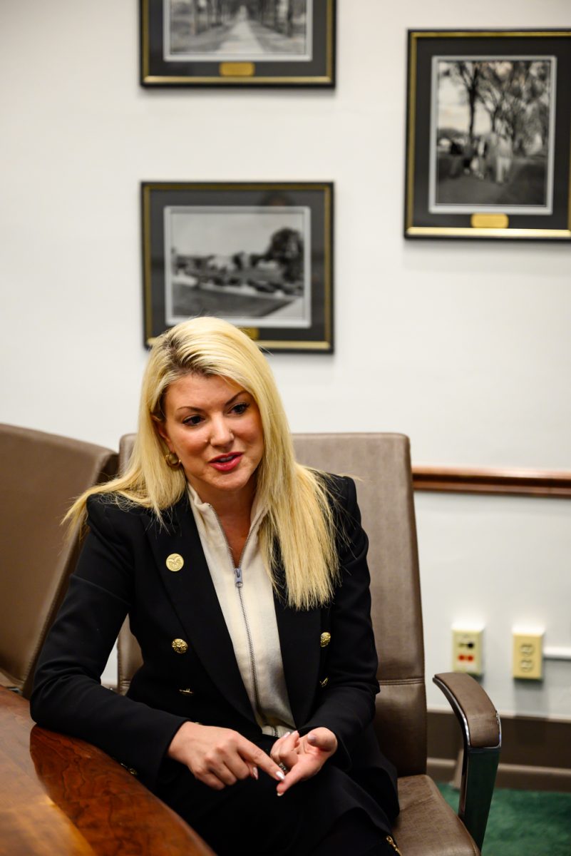 Colorado State University president Amy Parsons answers student media questions in the Administration Building Feb. 17.