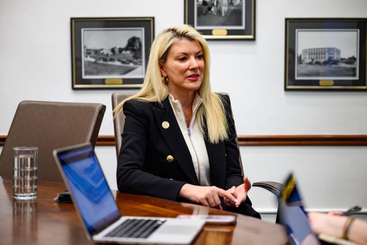 Colorado State University president Amy Parsons answers student media questions in the Administration Building Feb. 17.