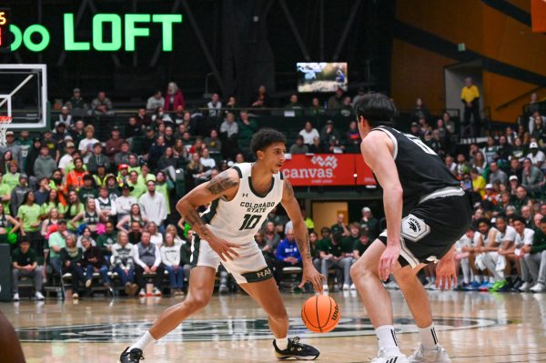 Nique Clifford (10) looks for an open pass in the first half of the Colorado State University vs. University of Nevada basketball game Feb. 18. CSU won 79-71.