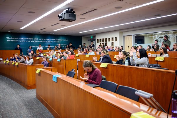Dozens of students fill the Associated Students of Colorado State University Senate Chambers to share their experiences and listen to others' statements about the impact CSU's Cultural Resource Centers have had on them Feb. 19.