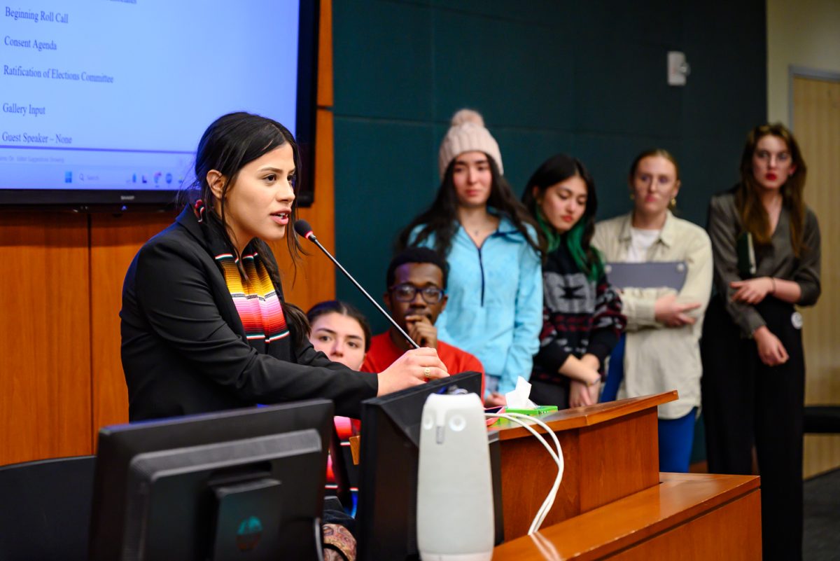 Yoseline Rivera, an Associated Students of Colorado State University senator representing El Centro, speaks about the importance of Cultural Resource Centers and DEIA principles Feb. 19. "Now I'm fighting to keep my CRC alive," she said. "We demand that CSU takes immediate steps to preserve these events and programs, ensuring that the invaluable work students have put in is not discarded."