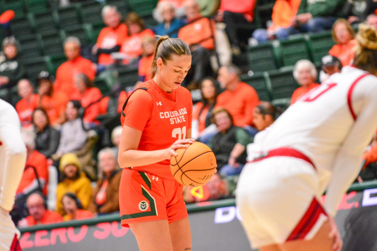 Emma Ronsiek preparing for her free throw after getting fouled by a Fresno State Bulldog Feb. 19. Emma and her teammates defeated the bulldogs with a score of 68-48.