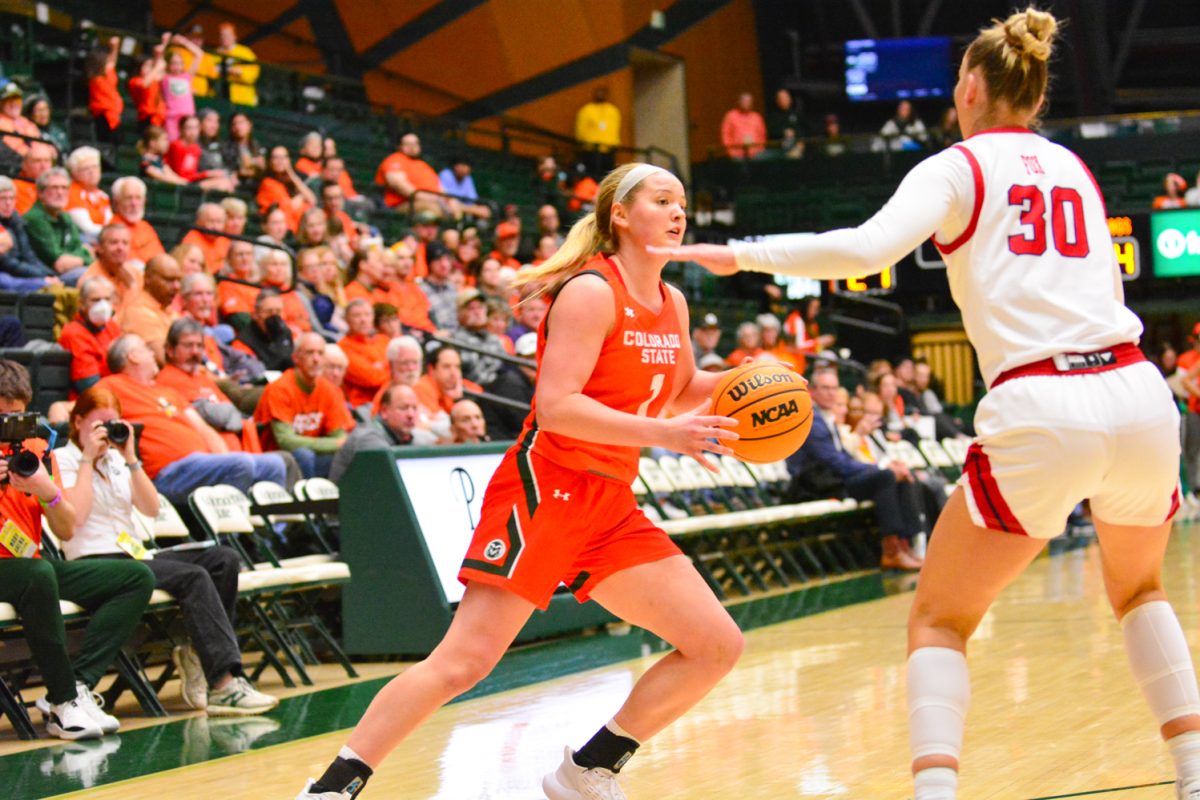 Kloe Froebe dribbling the ball in a play against Fresno State Feb. 19. Kloe and her teammates defeated Fresno during their Aggie game.