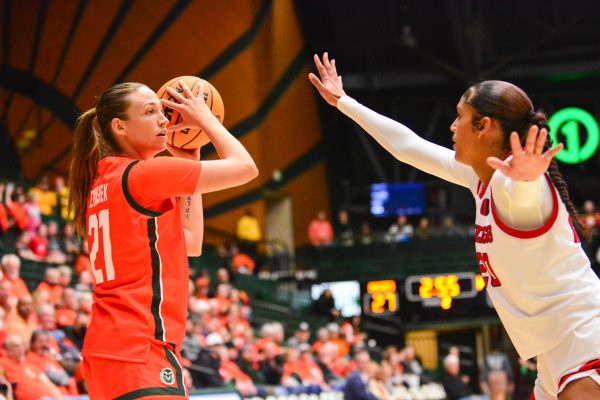 Emma Ronsiek looking to her teammates during a play against Fresno State Feb. 19. This game against the Bulldogs was Colorado State University’s Aggies game, the Rams won 68-48.