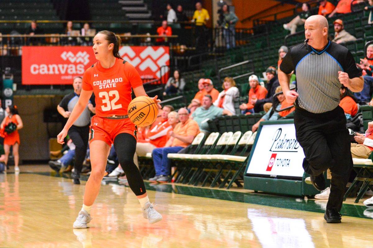 Hannah Simental dribbling the ball down the court after regaining the ball Feb. 19. Hannah and her teammates defeated Fresno State Bulldogs during their Aggies game.