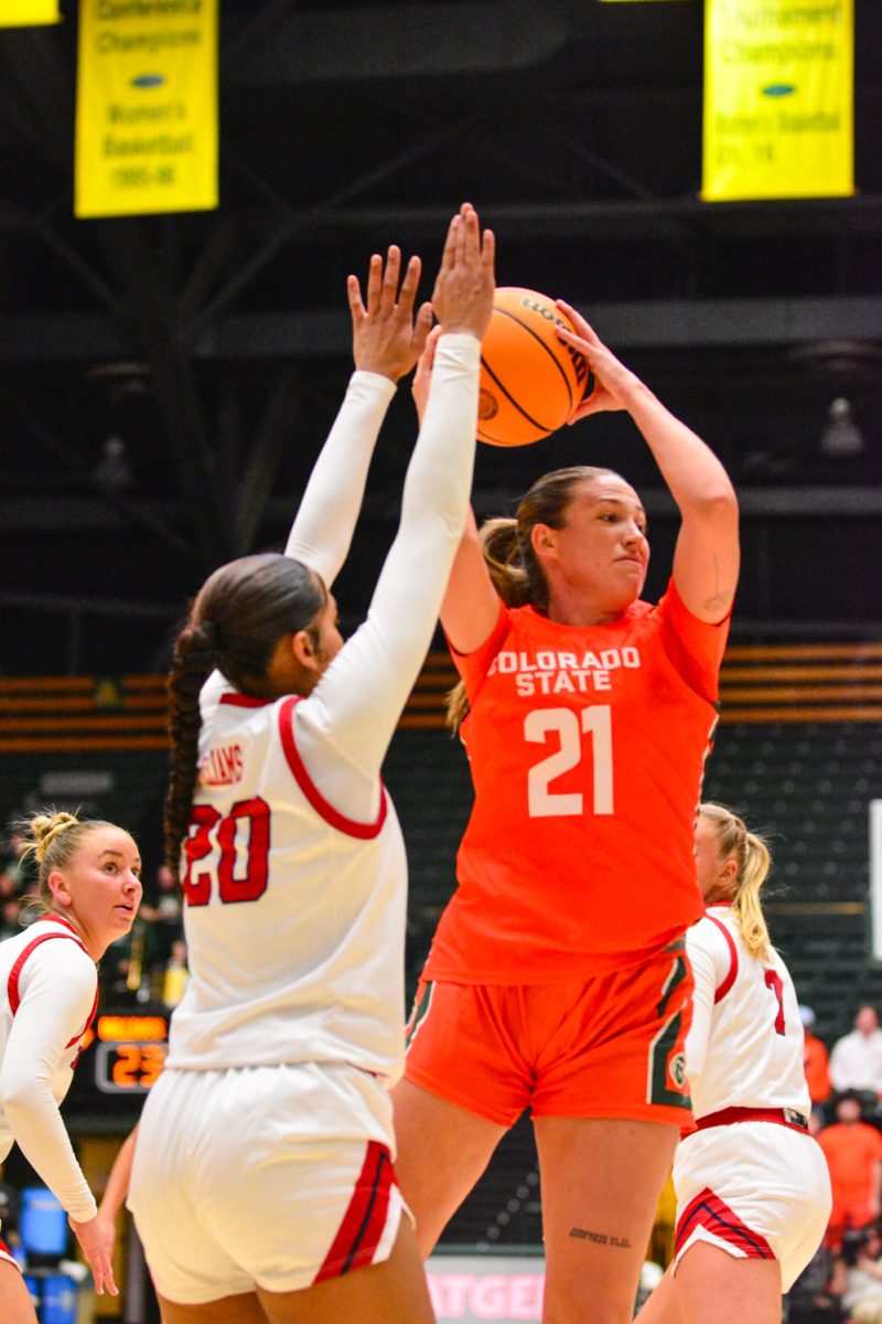 Emma Ronsiek throwing the ball to her teammate to make a three pointer Feb. 19. Emma and her teammates defeated the Fresno State bulldogs during their Aggies game.