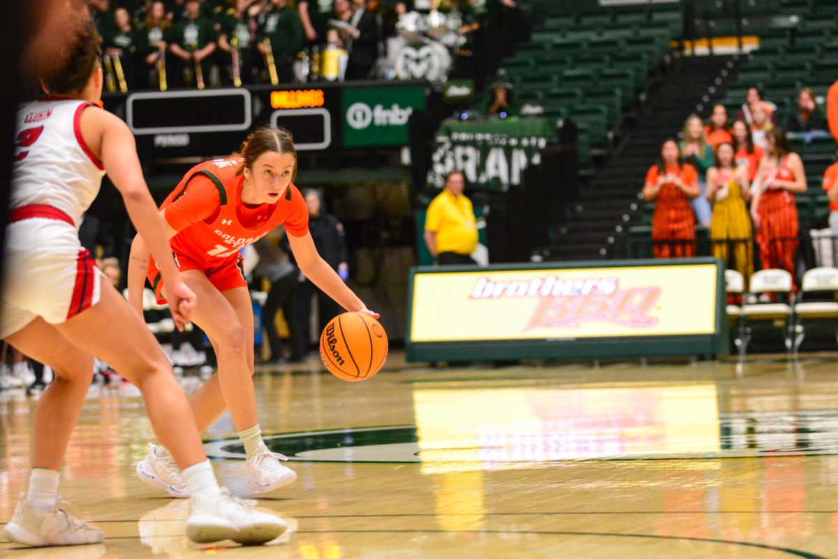 Marta Leimane dribbling the ball during a play against the Fresno State Bulldogs Feb. 19. Marta and her teammates defeated the bulldogs with a score of 68-48.