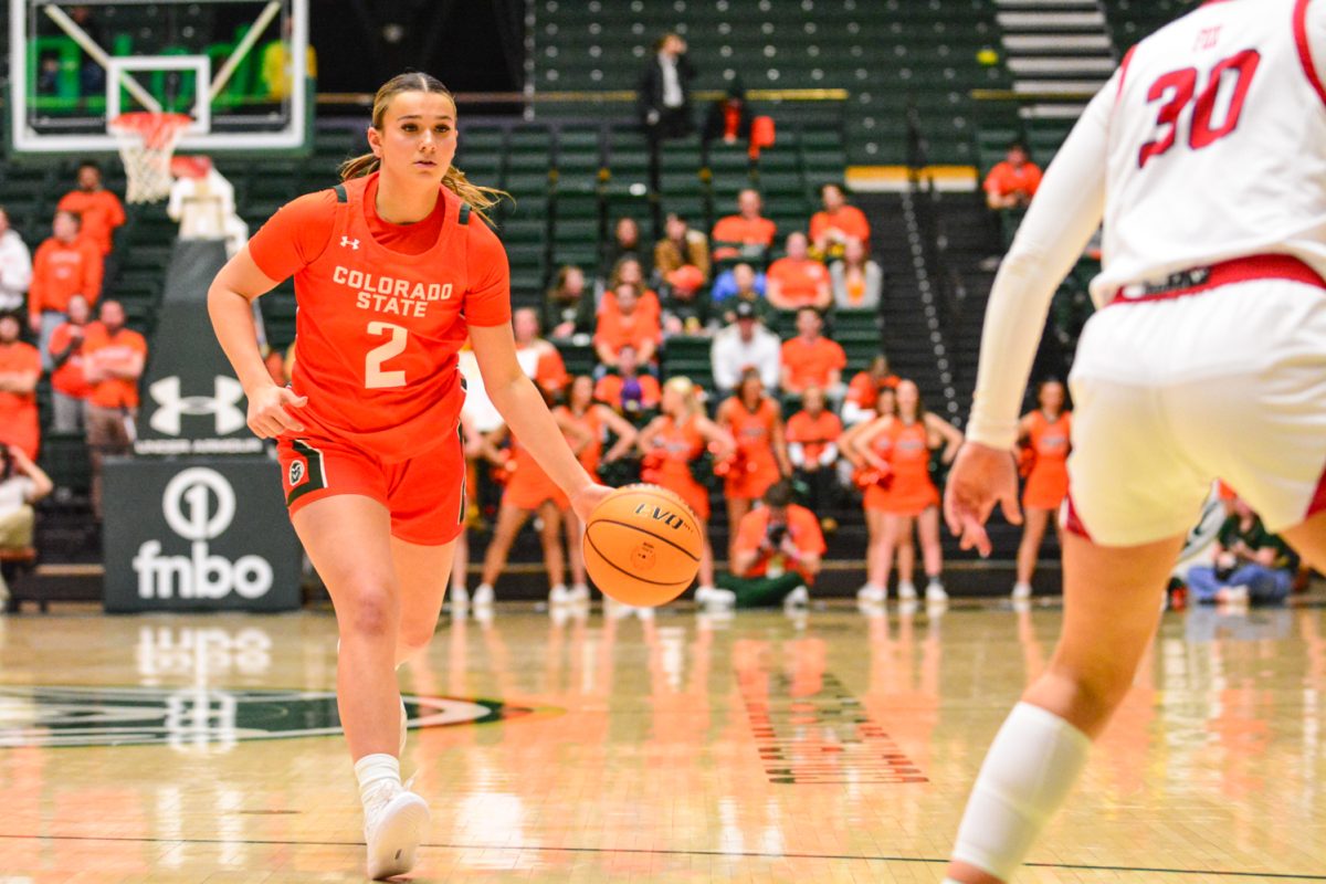 Brooke Carlson dribbling the ball during a play against the Fresno State Bulldogs Feb. 19. Brooke and her teammates defeated the bulldogs with a score of 68-48.